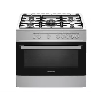 Laisvai pastatoma dujinė-elektrinė viryklė Ravanson KWGE-K90A Cheff, 90 cm, 5 degiklių kaitlentė (wok), elektrinė orkaitė 110 l, nerūdijantis plienas / sidabrinė