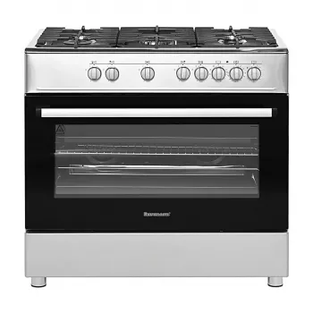 Laisvai pastatoma dujinė-elektrinė viryklė Ravanson KWGE-K90A Cheff, 90 cm, 5 degiklių kaitlentė (wok), elektrinė orkaitė 110 l, nerūdijantis plienas / sidabrinė