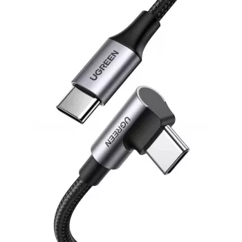 USB-C į USB-C kabelis UGREEN 70643, USB 2.0, 1 m, 5 A, 480 Mbps, TPE korpusas, tiesi į kampinę jungtis, juoda/pilka