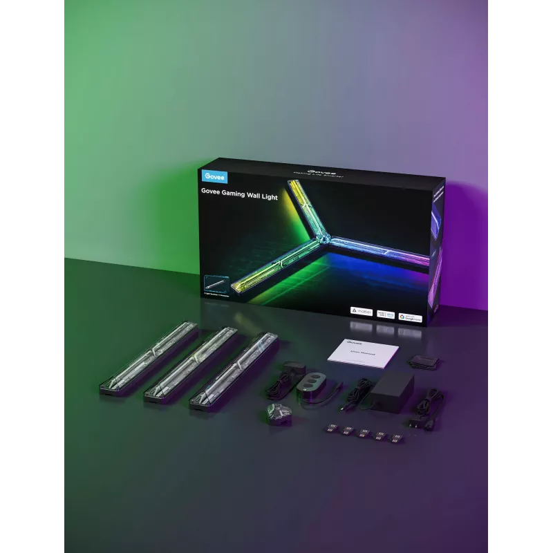 Išmanioji sieninė lemputė Govee Gaming Wall Lights (4+1) — Wi‑Fi/Bluetooth, įvairiaspalvė, 4 vnt., 370×45×30 mm