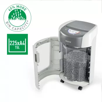 “Leitz IQ OptiMax Home Office 225” mikro pjovimo popieriaus smulkintuvas, saugumo lygis P5, 15 l – baltas