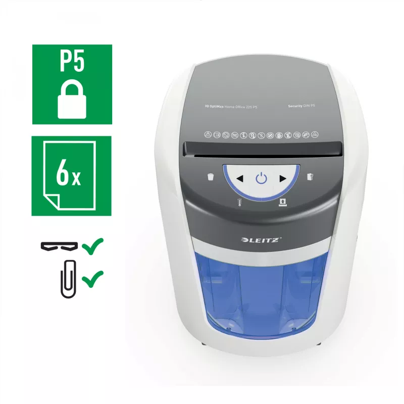 “Leitz IQ OptiMax Home Office 225” mikro pjovimo popieriaus smulkintuvas, saugumo lygis P5, 15 l – baltas