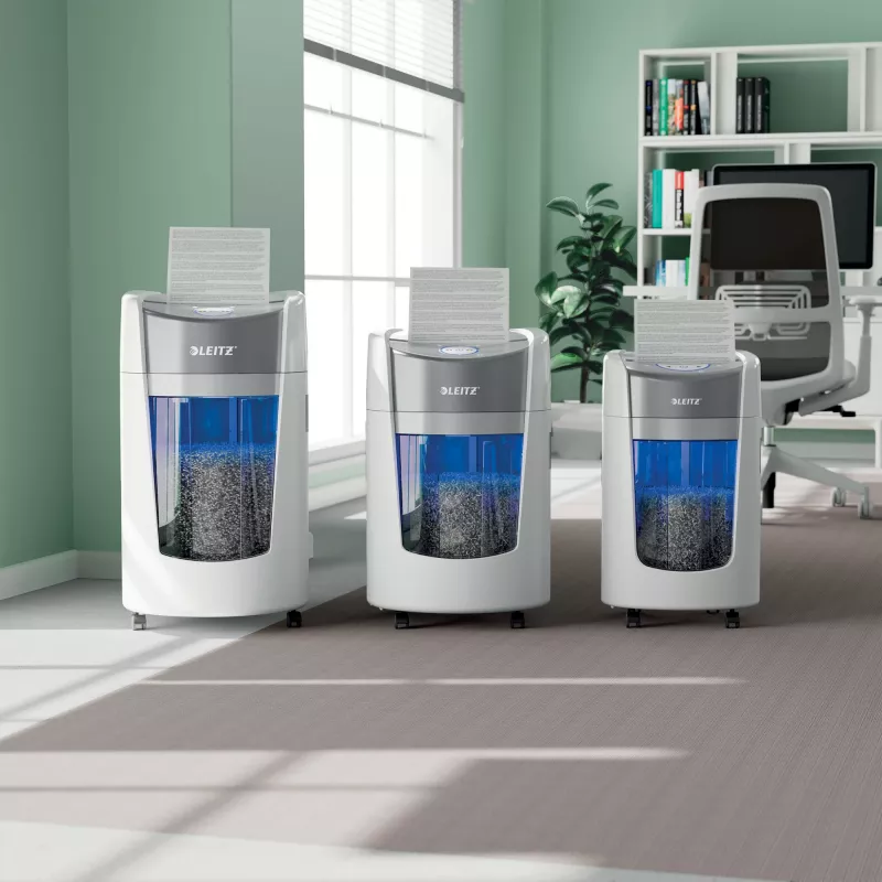 “Leitz IQ OptiMax Home Office 225” mikro pjovimo popieriaus smulkintuvas, saugumo lygis P5, 15 l – baltas