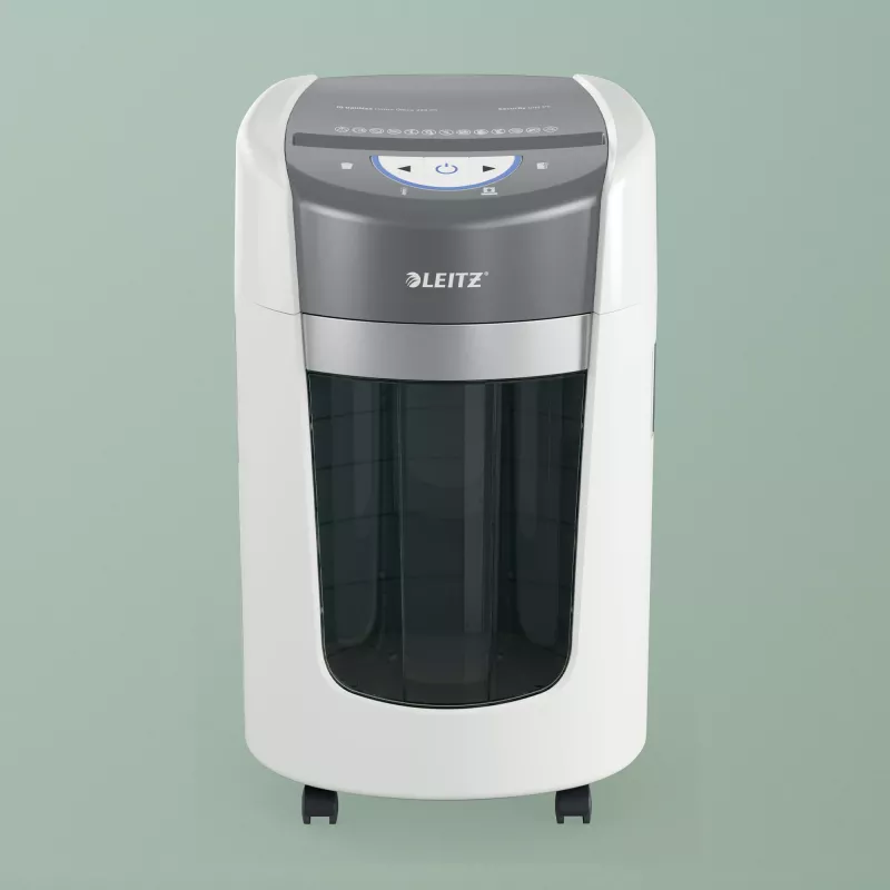 “Leitz IQ OptiMax Home Office 225” mikro pjovimo popieriaus smulkintuvas, saugumo lygis P5, 15 l – baltas