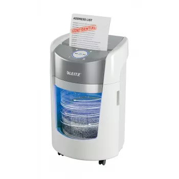 Leitz IQ OptiMax Small Office 350 mikro pjovimo popieriaus smulkintuvas, apsaugos lygis P5, 22 l - baltas