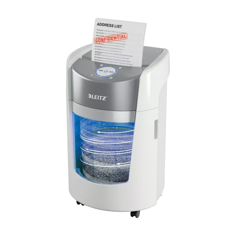 Leitz IQ OptiMax Small Office 350 mikro pjovimo popieriaus smulkintuvas, apsaugos lygis P5, 22 l - baltas