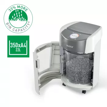 Leitz IQ OptiMax Small Office 350 mikro pjovimo popieriaus smulkintuvas, apsaugos lygis P5, 22 l - baltas