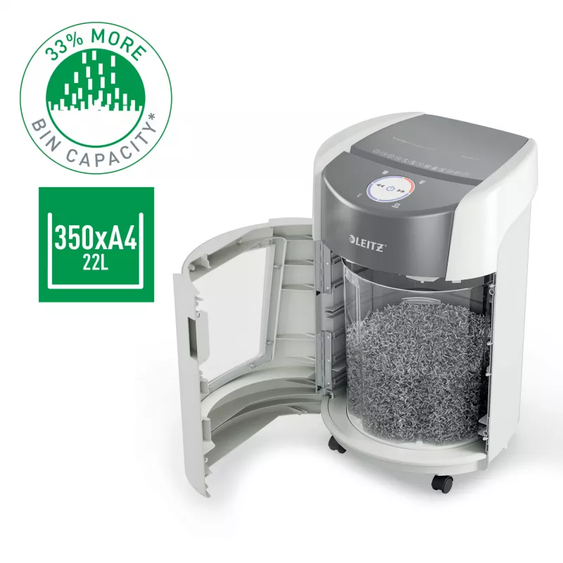 Leitz IQ OptiMax Small Office 350 mikro pjovimo popieriaus smulkintuvas, apsaugos lygis P5, 22 l - baltas