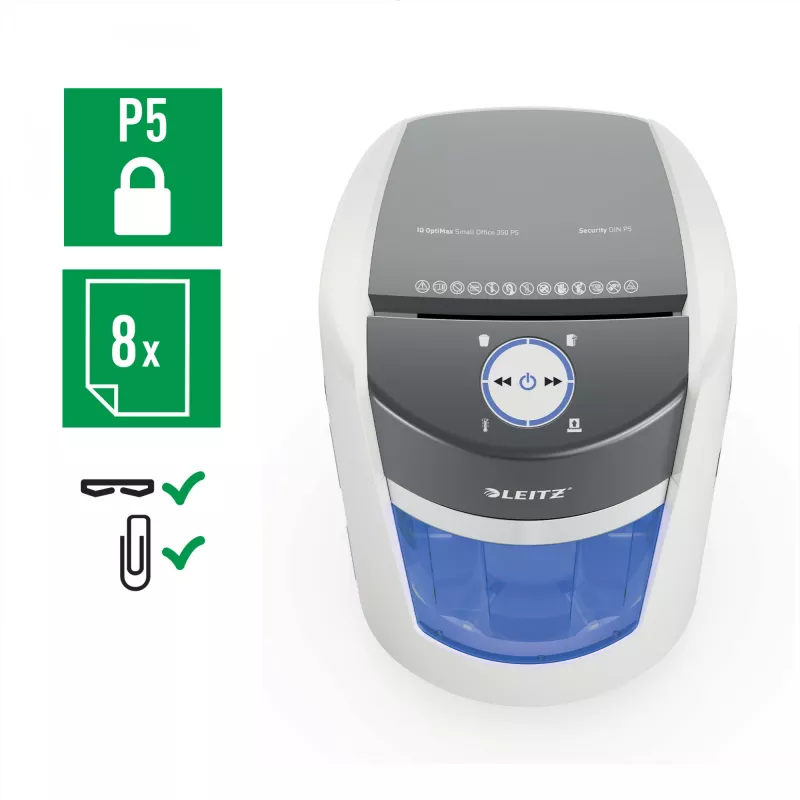 Leitz IQ OptiMax Small Office 350 mikro pjovimo popieriaus smulkintuvas, apsaugos lygis P5, 22 l - baltas