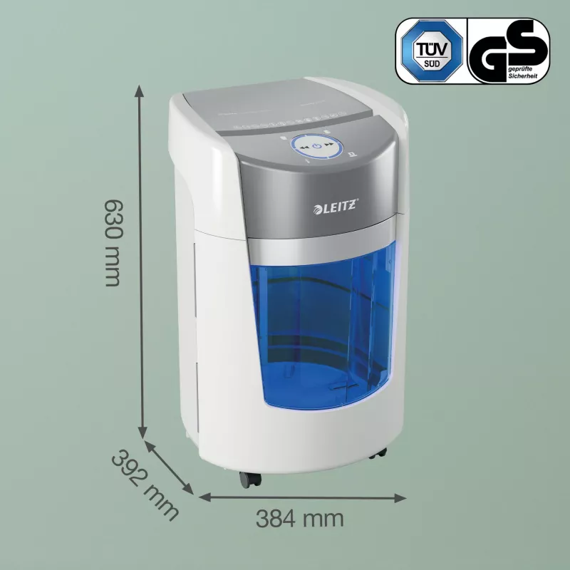 Leitz IQ OptiMax Small Office 350 mikro pjovimo popieriaus smulkintuvas, apsaugos lygis P5, 22 l - baltas