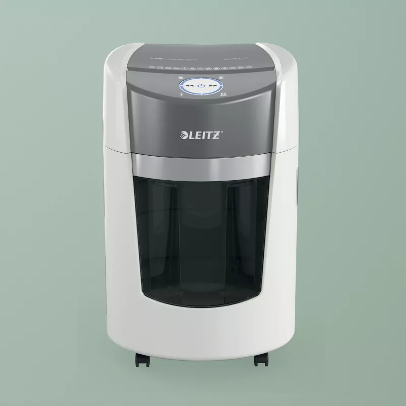 Leitz IQ OptiMax Small Office 350 mikro pjovimo popieriaus smulkintuvas, apsaugos lygis P5, 22 l - baltas