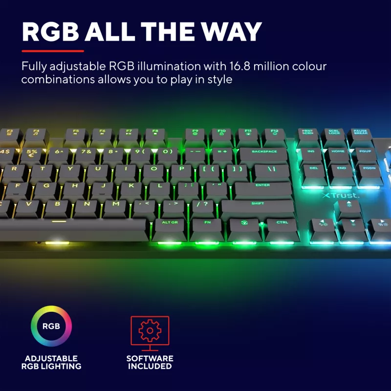 Trust GXT 868 Torix klaviatūra, skirta žaidimams, USB + RF belaidė + Bluetooth, QWERTY, JAV anglų, juoda