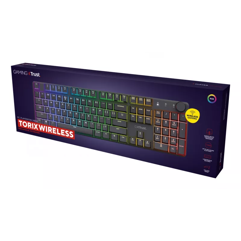 Trust GXT 868 Torix klaviatūra, skirta žaidimams, USB + RF belaidė + Bluetooth, QWERTY, JAV anglų, juoda