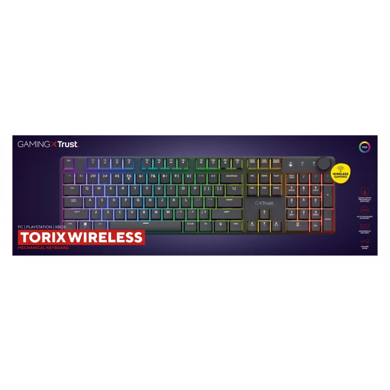 Trust GXT 868 Torix klaviatūra, skirta žaidimams, USB + RF belaidė + Bluetooth, QWERTY, JAV anglų, juoda