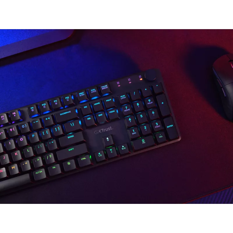 Trust GXT 868 Torix klaviatūra, skirta žaidimams, USB + RF belaidė + Bluetooth, QWERTY, JAV anglų, juoda