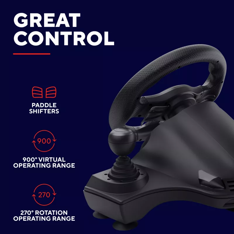 Trust GXT 289 Movi Juoda USB vairas + pedalai Nintendo Switch, PlayStation 4, Xbox One S, Xbox One X, Xbox Series S, Xbox Series X