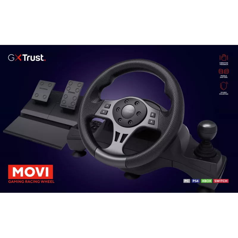 Trust GXT 289 Movi Juoda USB vairas + pedalai Nintendo Switch, PlayStation 4, Xbox One S, Xbox One X, Xbox Series S, Xbox Series X