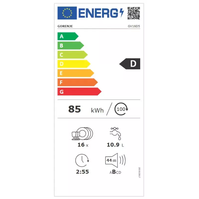 Įmontuojama indaplovė Gorenje GV16D5 — 16 komplektų talpa, 44 dB, nerūdijantis plienas, 7 temperatūros nuostatos