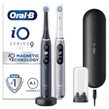 Elektrinis dantų šepetėlis Oral-B iO 9 suaugusiems, rotacinis, 2 rankenos, 2 šepetėlių galvutės, įmontuota baterija, 3 val. įkrovimas, juoda / rožinė