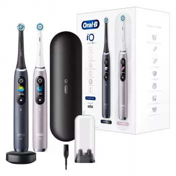 Elektrinis dantų šepetėlis Oral-B iO 9 suaugusiems, rotacinis, 2 rankenos, 2 šepetėlių galvutės, įmontuota baterija, 3 val. įkrovimas, juoda / rožinė