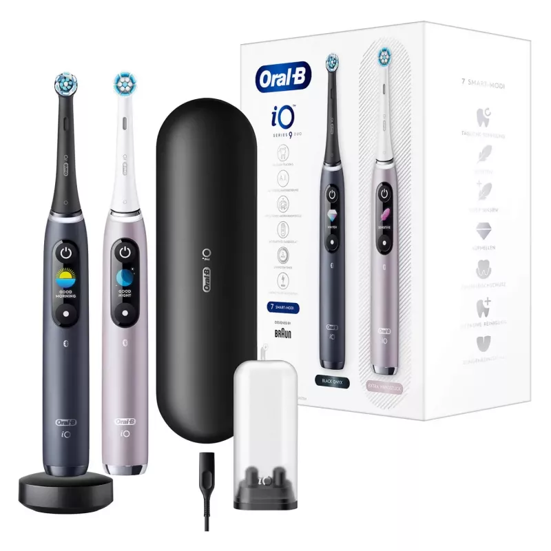 Elektrinis dantų šepetėlis Oral-B iO 9 suaugusiems, rotacinis, 2 rankenos, 2 šepetėlių galvutės, įmontuota baterija, 3 val. įkrovimas, juoda / rožinė