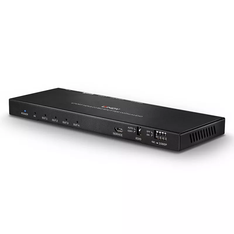 Lindy 4 prievadų HDMI 18G skirstytuvas su garsu ir mažinimo funkcija