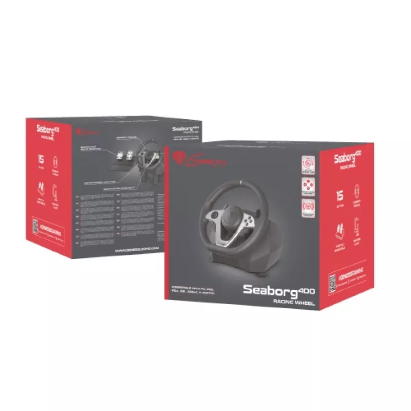 GENESIS Seaborg 400 Juoda, Sidabrinė USB vairalazdė + pedalai Nintendo Switch, PC, PlayStation 4, Playstation 3, Xbox 360, Xbox One, Xbox One S, Xbox One X