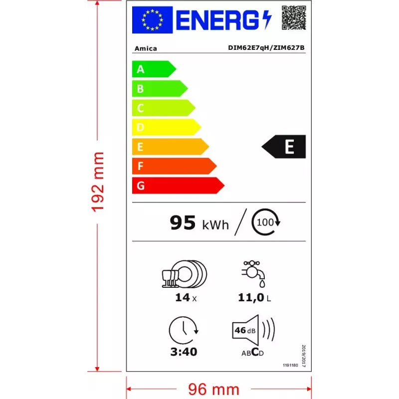 Pusiau įmontuojama indaplovė AMICA DIM62E7qH — 14 vietų, 60 cm, LED jutiklinis ekranas, 7 programos, balta