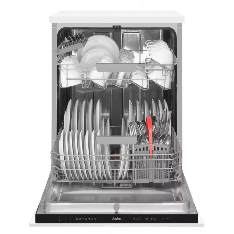 Pusiau įmontuojama indaplovė AMICA DIM62E7qH — 14 vietų, 60 cm, LED jutiklinis ekranas, 7 programos, balta