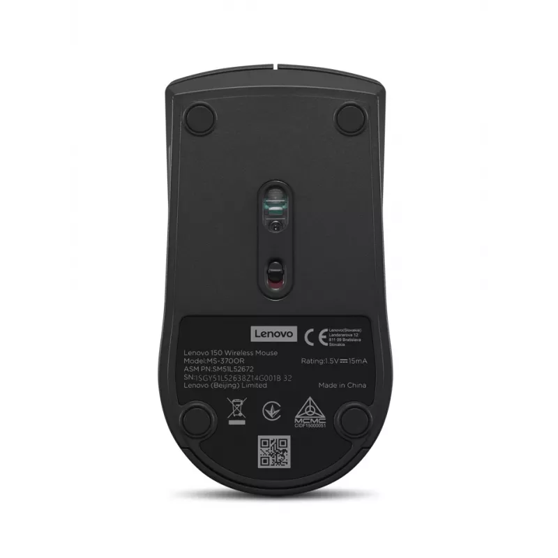 Belaidė pelė Lenovo 150 GY51L52638 — abiem rankoms tinkama, optinė 1000 DPI, 2,4 GHz nano USB imtuvas, juoda, AA baterija