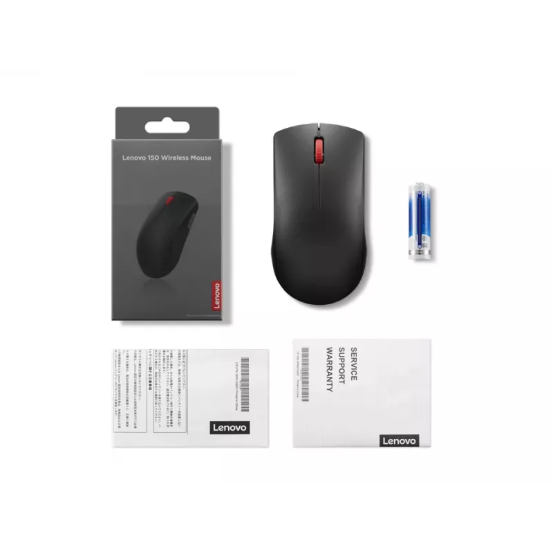 Belaidė pelė Lenovo 150 GY51L52638 — abiem rankoms tinkama, optinė 1000 DPI, 2,4 GHz nano USB imtuvas, juoda, AA baterija
