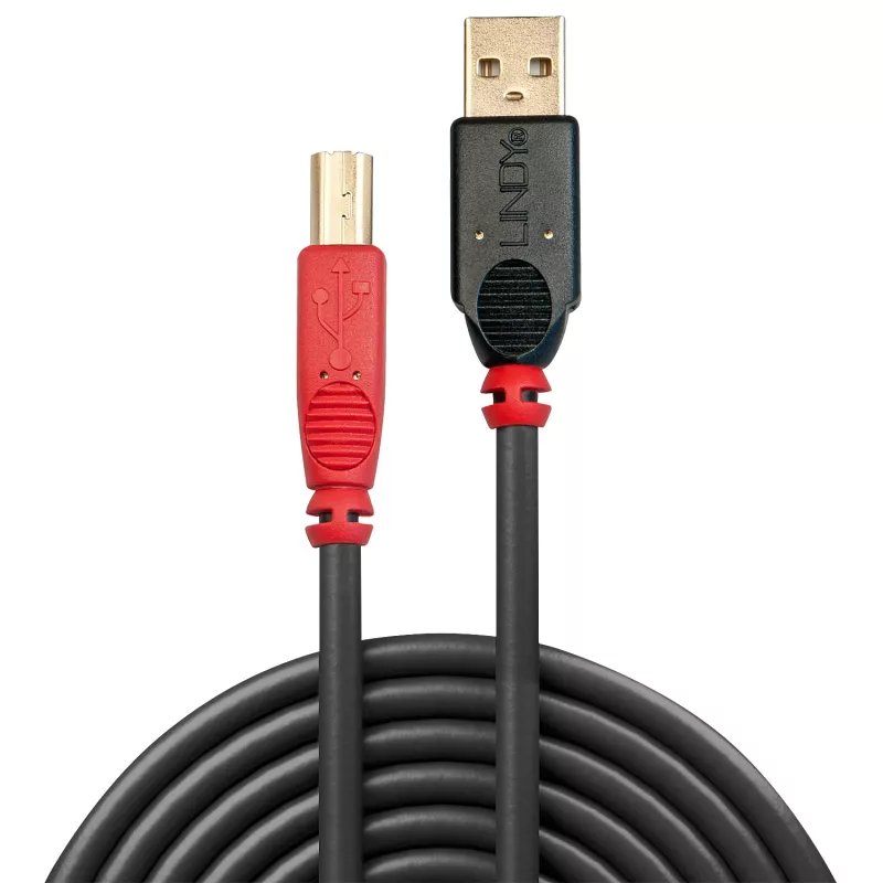 Lindy 15 m USB 2.0 A į B aktyvusis kabelis, 15 m, USB A, USB B, USB 2.0, Male/Male, juodas, raudonas