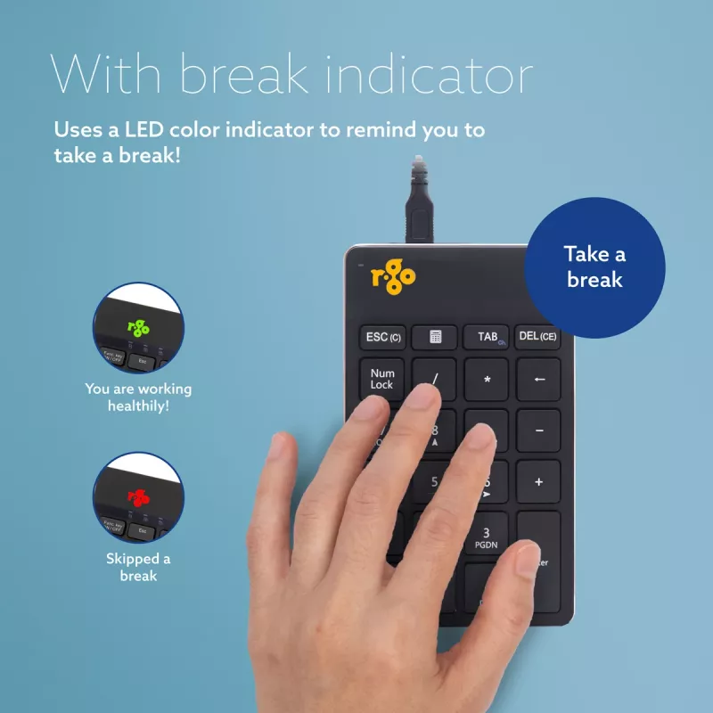 R-Go Tools Skaitmeninė klaviatūra R-Go Numpad Break, ergonominė skaitmeninė klaviatūra su pertraukų programine įranga, laidinė, juoda