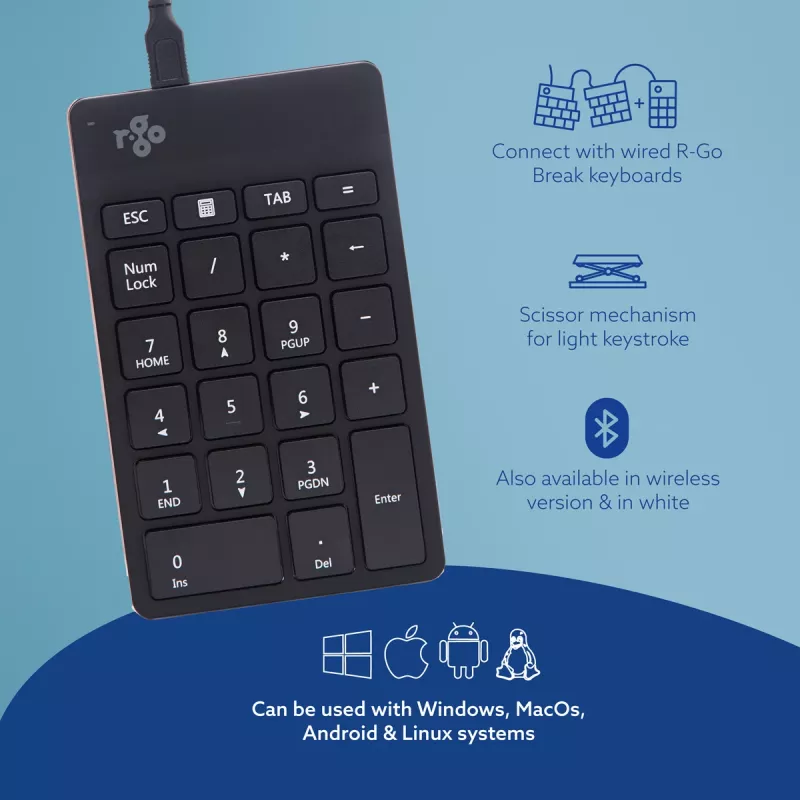 R-Go Tools Skaitmeninė klaviatūra R-Go Numpad Break, ergonominė skaitmeninė klaviatūra su pertraukų programine įranga, laidinė, juoda
