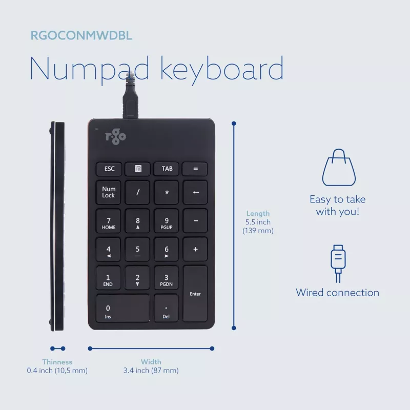 R-Go Tools Skaitmeninė klaviatūra R-Go Numpad Break, ergonominė skaitmeninė klaviatūra su pertraukų programine įranga, laidinė, juoda