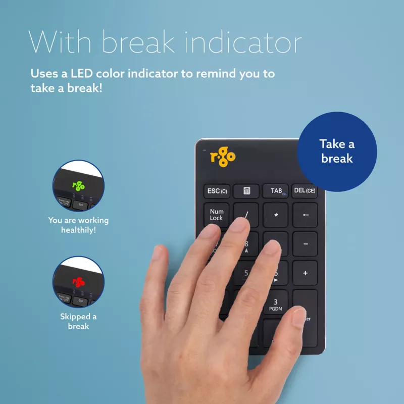 R-Go Tools Skaičių klaviatūra R-Go Numpad Break, ergonominė skaičių klaviatūra su pertraukų programine įranga, Bluetooth, juoda