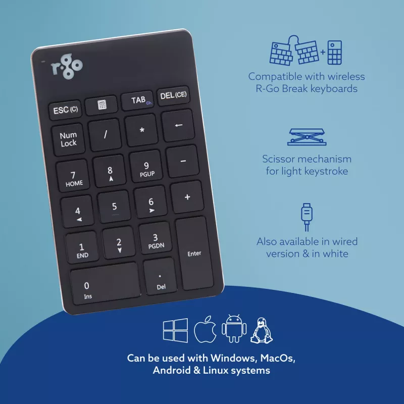 R-Go Tools Skaičių klaviatūra R-Go Numpad Break, ergonominė skaičių klaviatūra su pertraukų programine įranga, Bluetooth, juoda