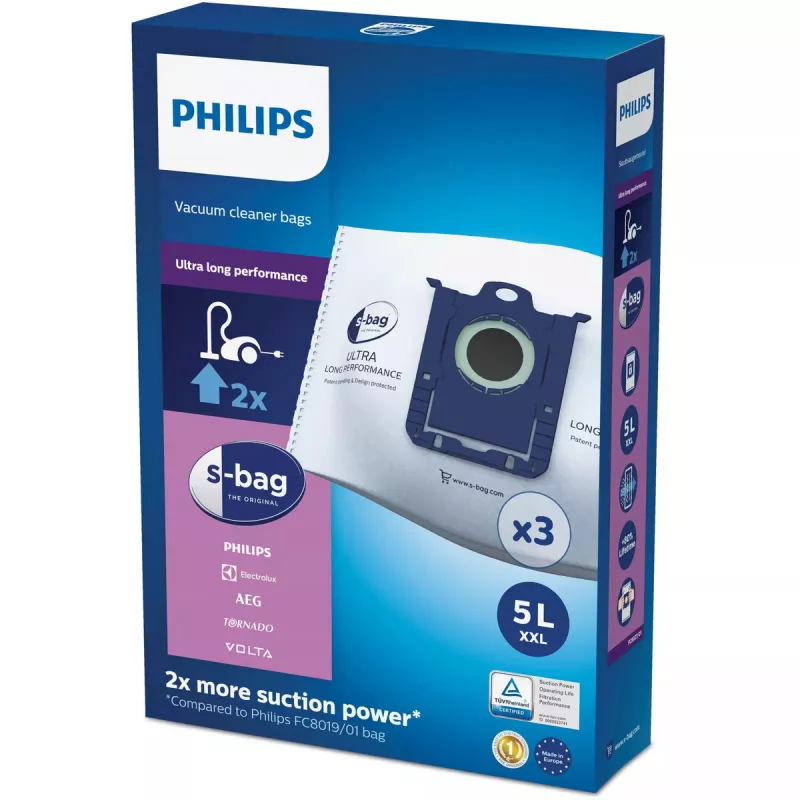 Dulkių maišeliai Philips s‑bag FC8027/01 — sintetiniai 5 l, 5 sluoksnių, 3 vnt.