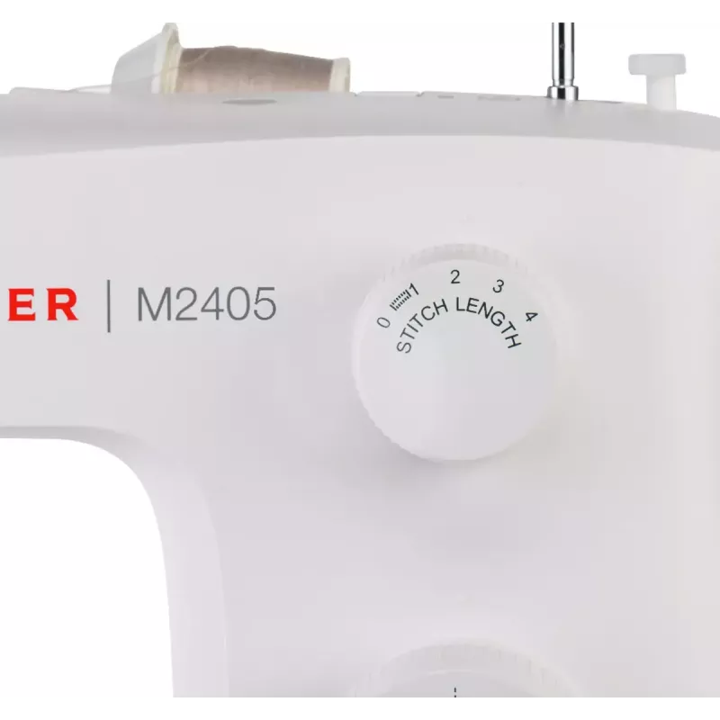 Pusiau automatinė siuvimo mašina SINGER M2405 — mechaninė, 11 programų, 8 dygsnių raštai, 70 W, balta