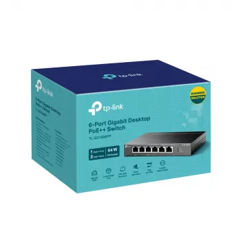 TP-Link 6 prievadų gigabitinio stalinio komutatoriaus su 3 PoE+ ir 1 PoE++ prievadais
