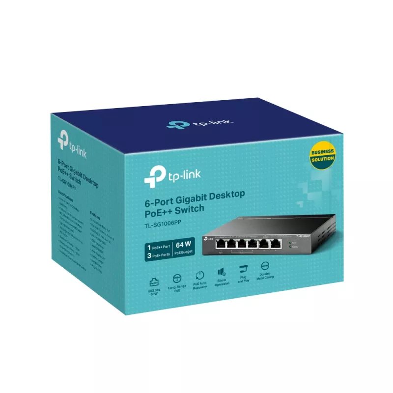 TP-Link 6 prievadų gigabitinio stalinio komutatoriaus su 3 PoE+ ir 1 PoE++ prievadais