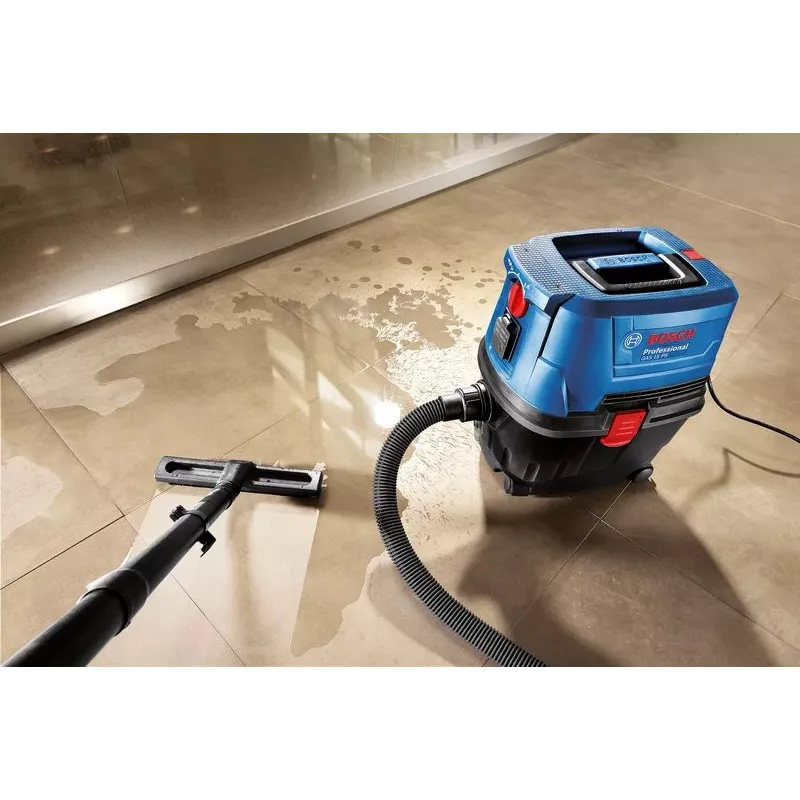Cilindrinis dulkių siurblys Bosch GAS 15 PS Professional — sausam valymui, 1100 W, 15 L dulkių maišas, 8 L skysčio bakas, 270 mbar