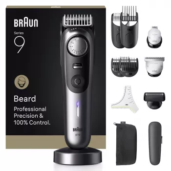Braun BeardTrimmer 9 BT9560 barzdaskutė Baterija 52 2 cm Drėgnam ir sausam naudojimui Juoda, Sidabrinė