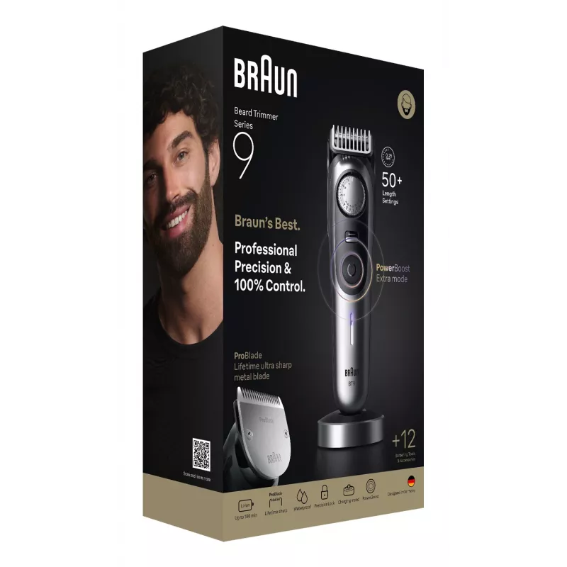 Braun BeardTrimmer 9 BT9560 barzdaskutė Baterija 52 2 cm Drėgnam ir sausam naudojimui Juoda, Sidabrinė