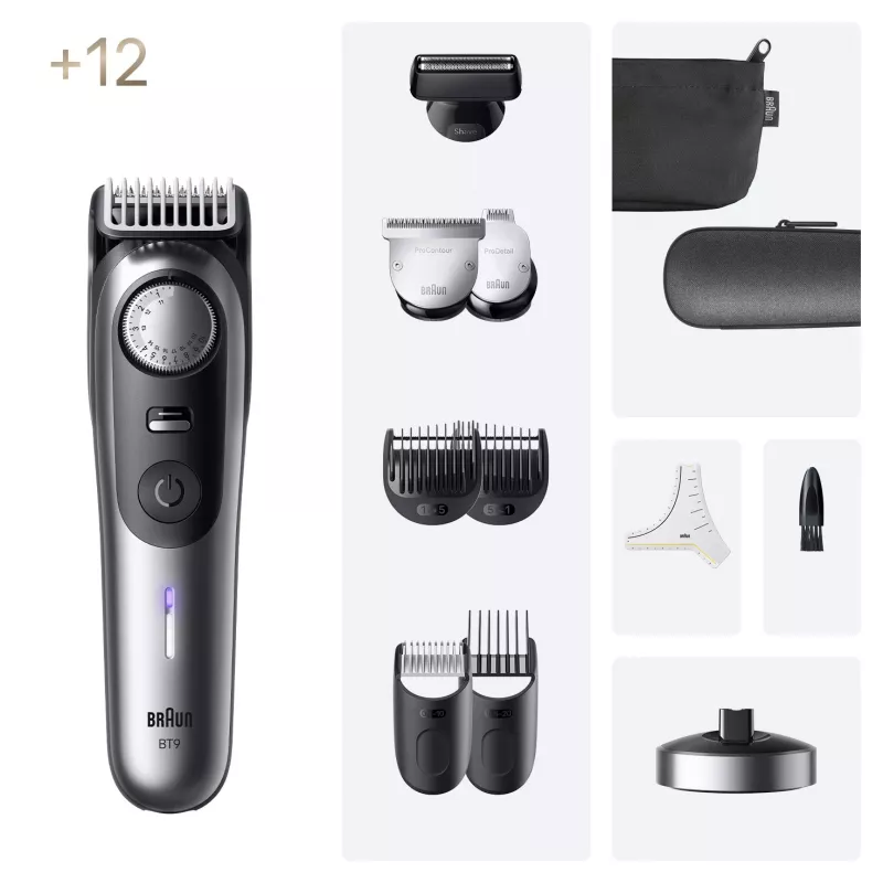 Braun BeardTrimmer 9 BT9560 barzdaskutė Baterija 52 2 cm Drėgnam ir sausam naudojimui Juoda, Sidabrinė