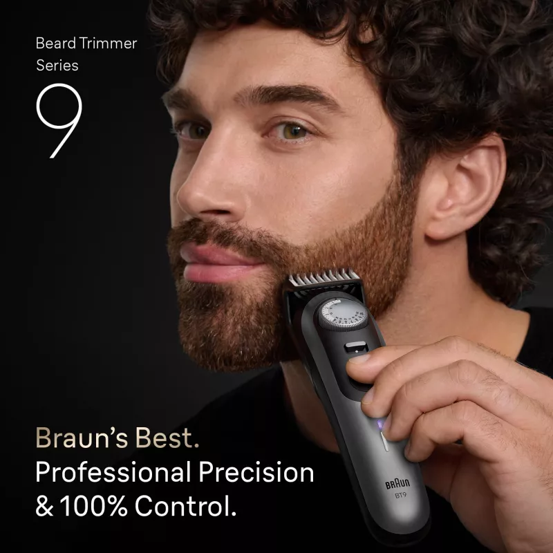 Braun BeardTrimmer 9 BT9560 barzdaskutė Baterija 52 2 cm Drėgnam ir sausam naudojimui Juoda, Sidabrinė