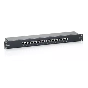 Equip 16 prievadų Cat.6 ekranuotas pataisymo skydelis, juodas, RJ-45, auksiniai kontaktai, Cat6, montavimas į stovą, 1U, juoda