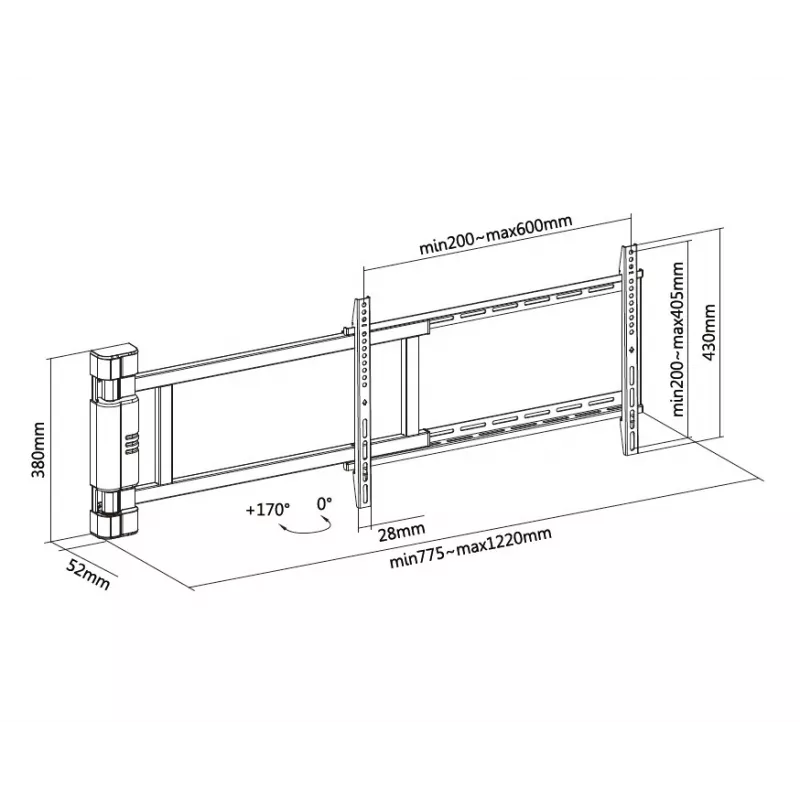 Equip 32 col.–75 col. motorizuotas TV pasukamas tvirtinimo laikiklis, 50 kg, 81,3 cm (32 col.), 190,5 cm (75 col.), 200 x 200 mm, 600 x 400 mm, juodas