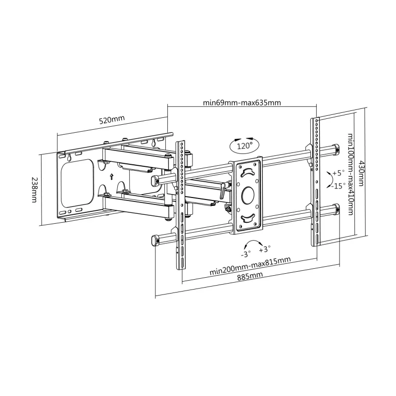 Equip 37 colių–90 colių pakreipiamas/sukamas TV sieninis laikiklis, 200 x 200 mm, 816 x 410 mm, -15 - 5°, -60 - 60°, plienas, juodas