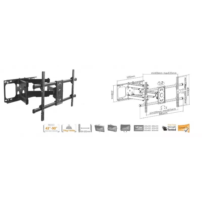 Equip 37 colių–90 colių pakreipiamas/sukamas TV sieninis laikiklis, 200 x 200 mm, 816 x 410 mm, -15 - 5°, -60 - 60°, plienas, juodas